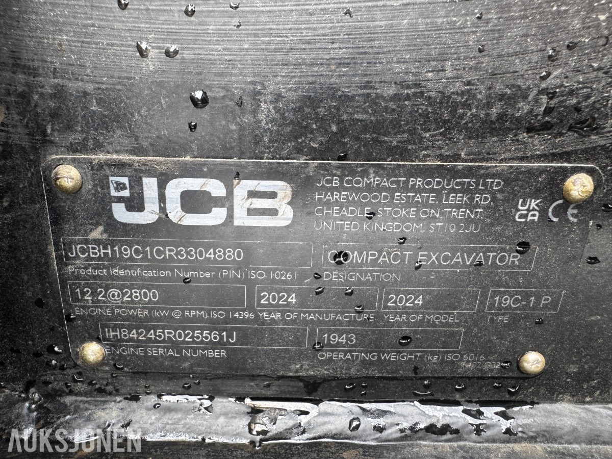 2024 JCB 19 C-1 MINIGRAVER, 3 SKUFFER, PIGGHAMMER, MASKINHENGER, KUN 658 TIMER, UTVIDET GARANTI