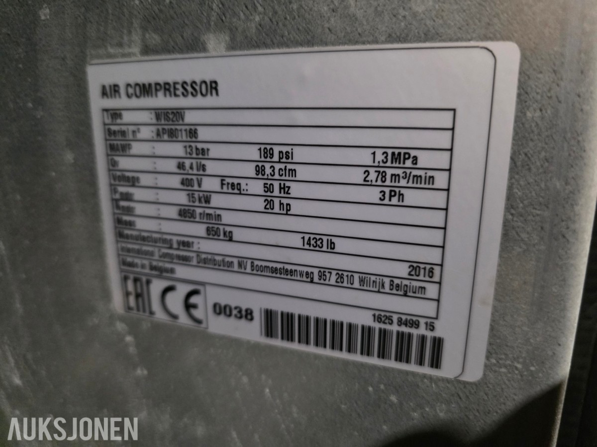 2016 Kompressor WIS 20V vannsmurt/frekvent styrt oljefri trykk luft
