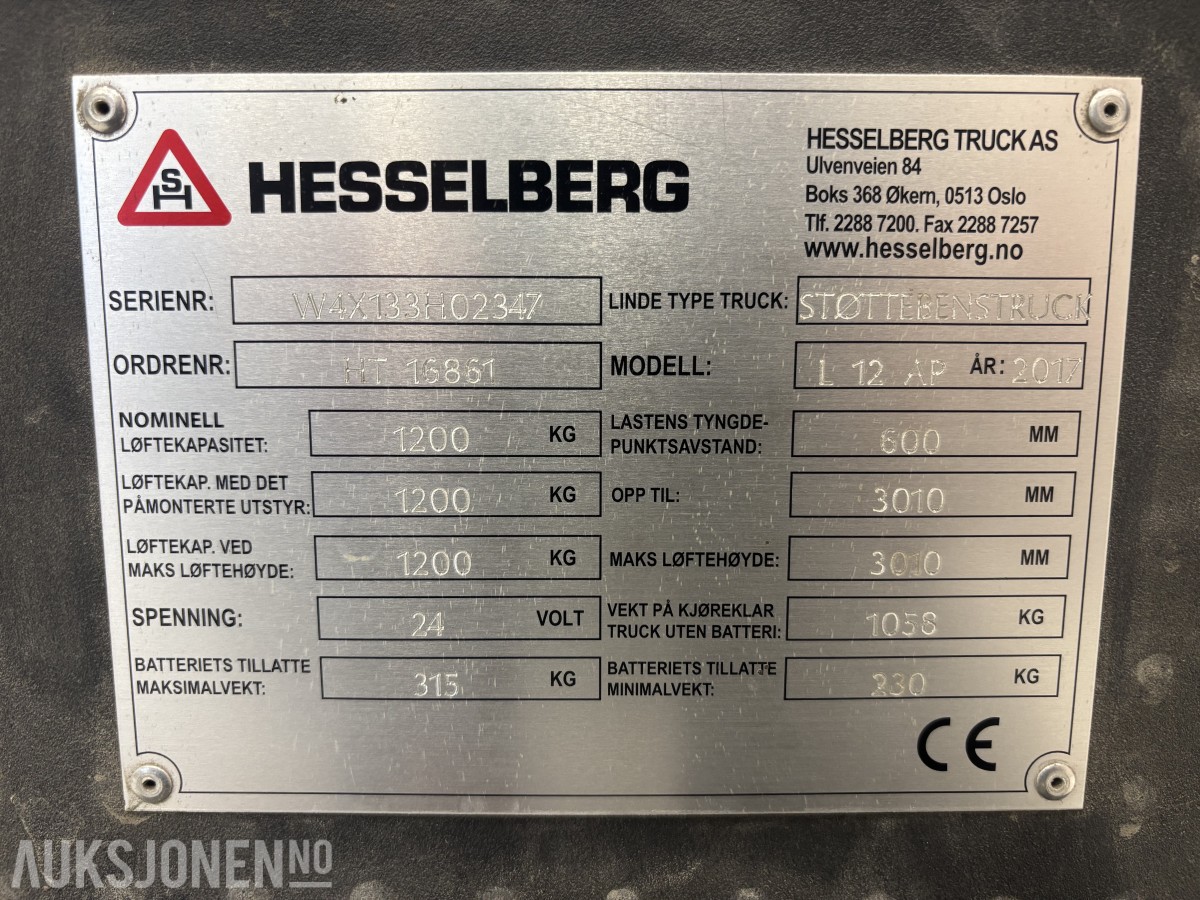 2017 Linde L12 AP pallestabler - 600 timer!