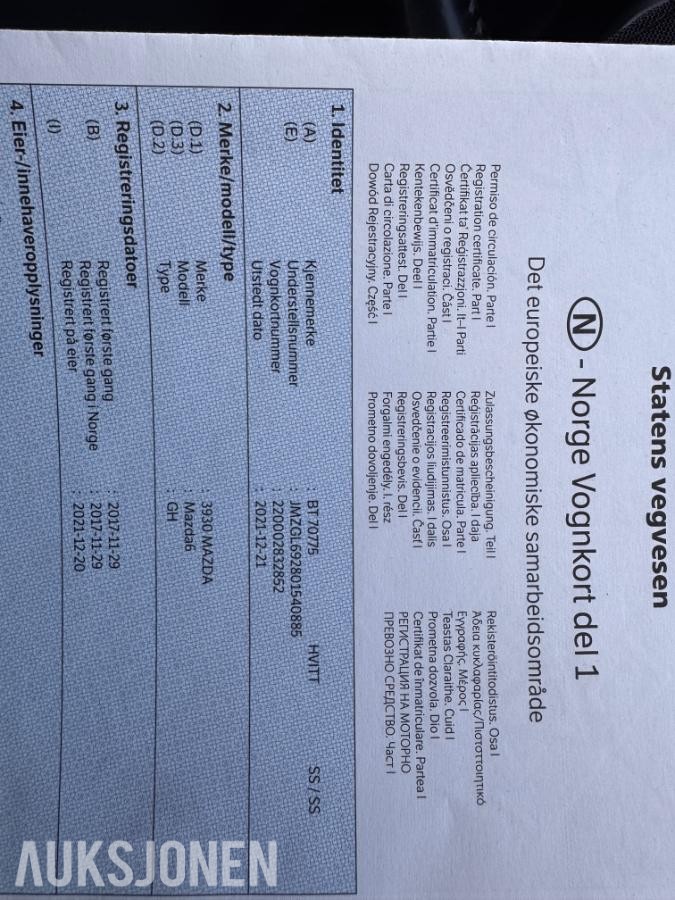 2017 Mazda 6, 2,2D 175HK,OPTIMUM,SKINN,REFUND EXPORT 27.318KR, 264000km