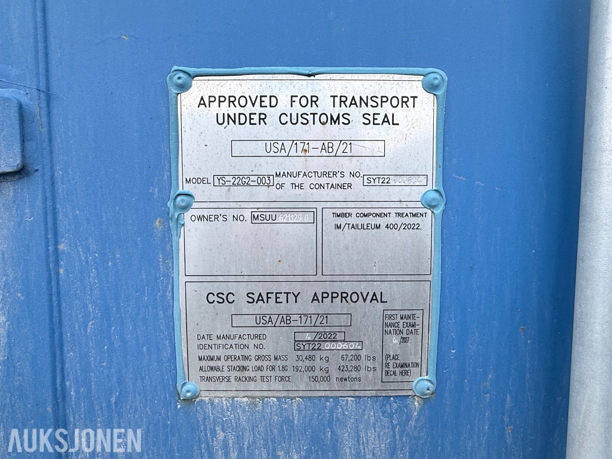 2022 20 fots container med sideåpning og ristgulv