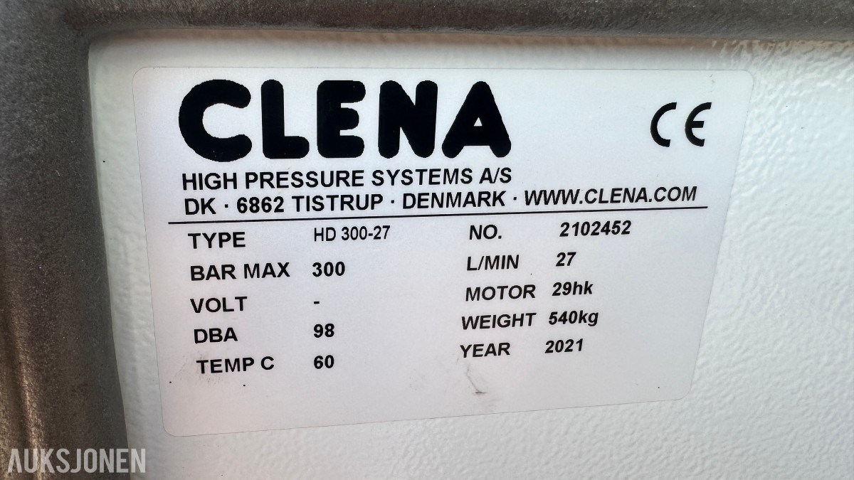 2021 CLENA HD 300-27 mobilt høytrykks-/varmtvannsanlegg – 300 bar / 27 l/min