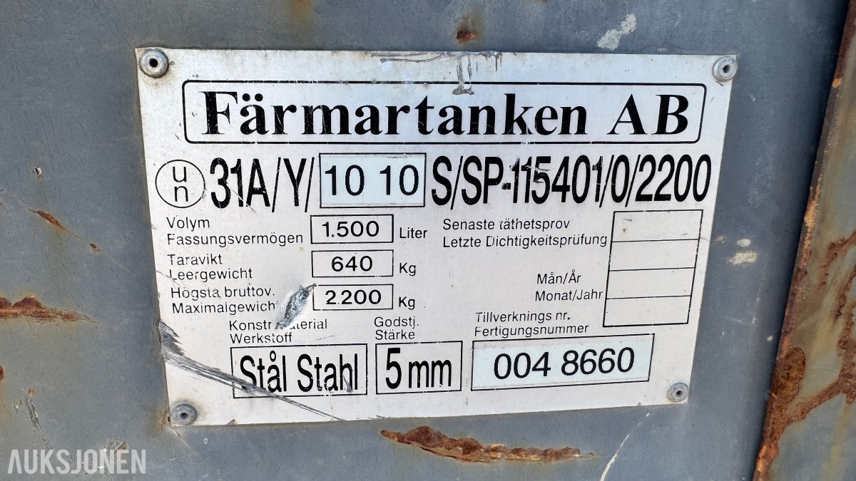 Farmartanken 1500L ADR-godkjent dieseltank