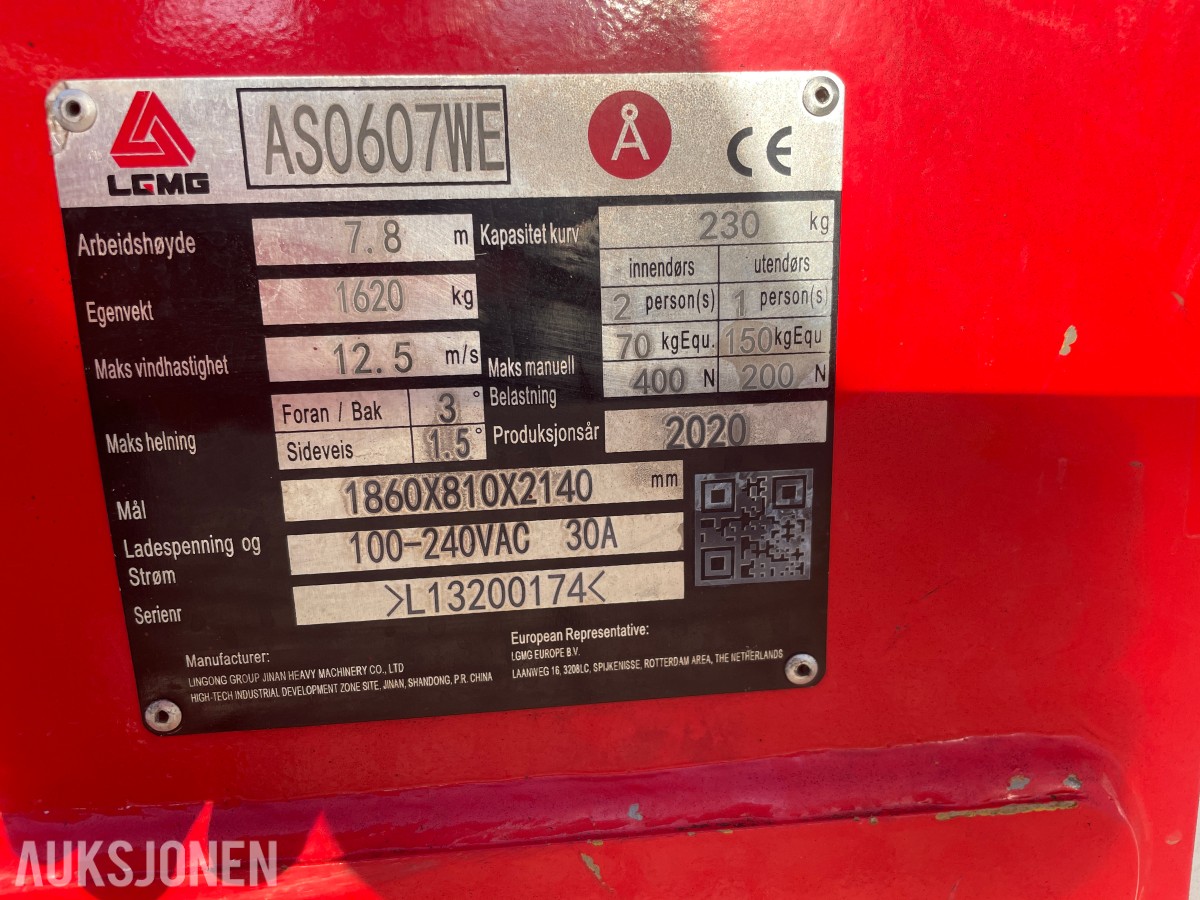 2020 LGMG AS0607WE Sakselift m/arbeidshøyde på 7,8 m