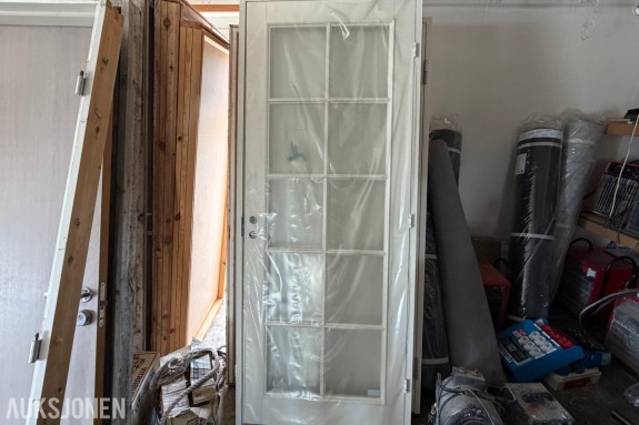 Dør med karm / 90x220cm / Hvit / Glass og sprosser