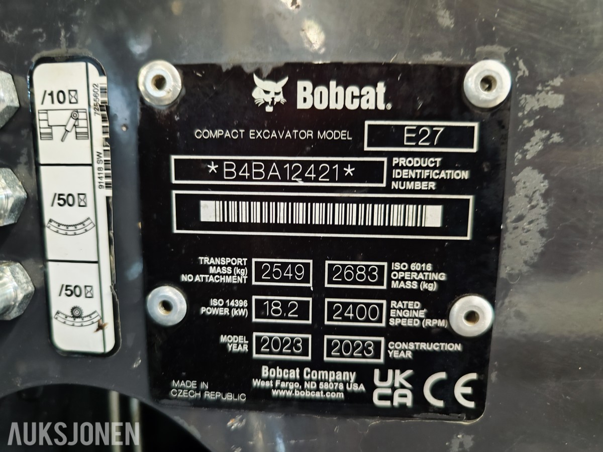 2024 Bobcat E27 Rototilt, 3 skuffer, klype,hamme,sentralsmøring