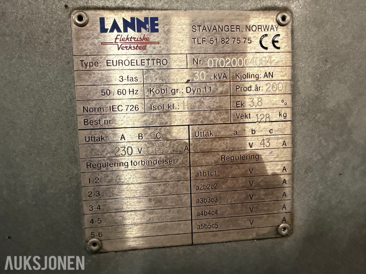 2007 LANNE EUROELETTRO 30 KVA TRANSFORMATOR – 230V / 400V – 3-FAS