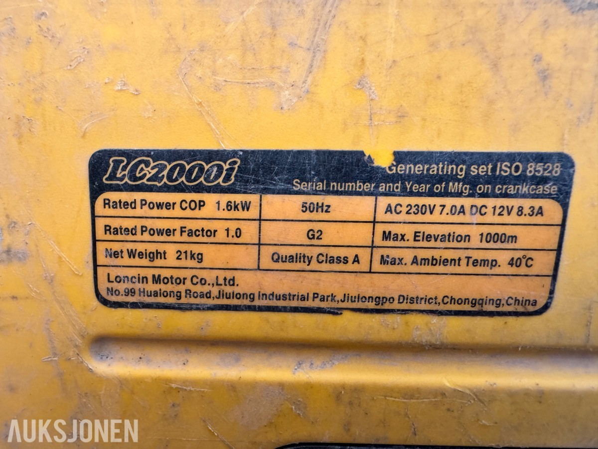 Loncin 2000i stillegående aggregat 230 Volt 