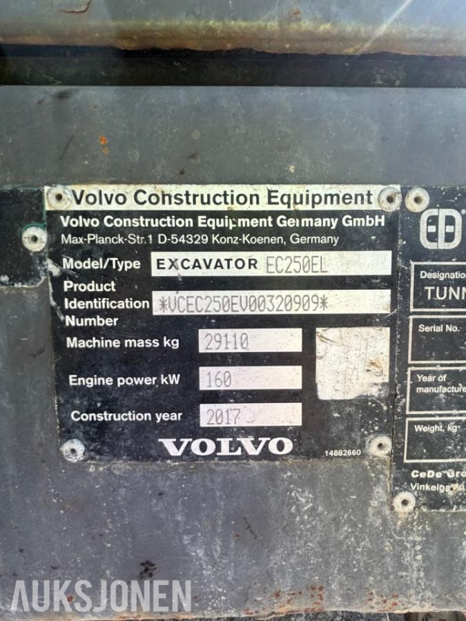 2017 Volvo EC250EL beltegravemaskin, 8660 timer, OQ70 HK-feste