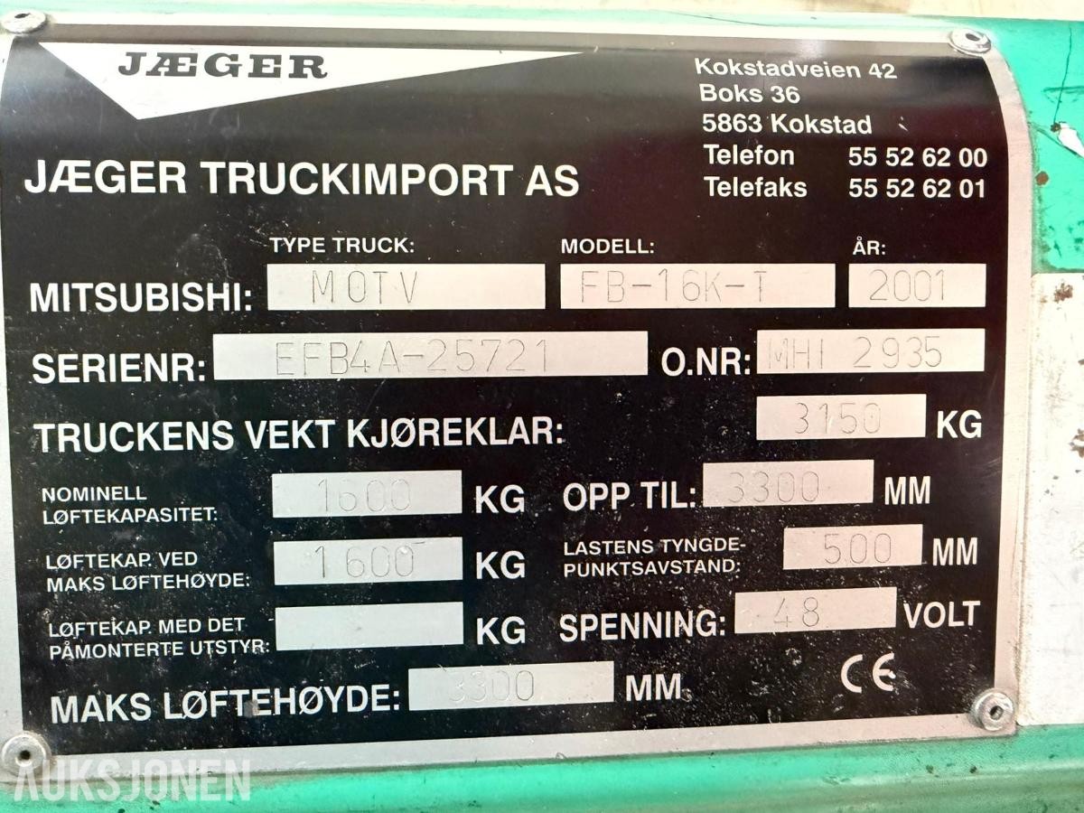2001 Mitsubishi FB-16K-T elektrisk gaffeltruck / 2045 timer