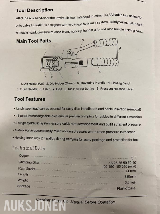 Hydraulisk Presstang for C-Press og kabelsko- Ny/Ubrukt