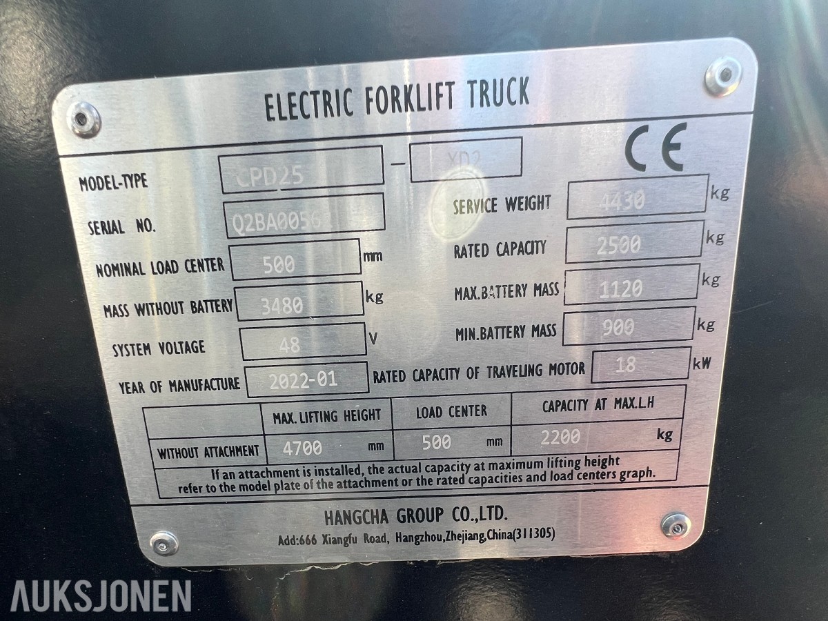 2022 Hangcha CPD25X kun 408t m/friløftmast