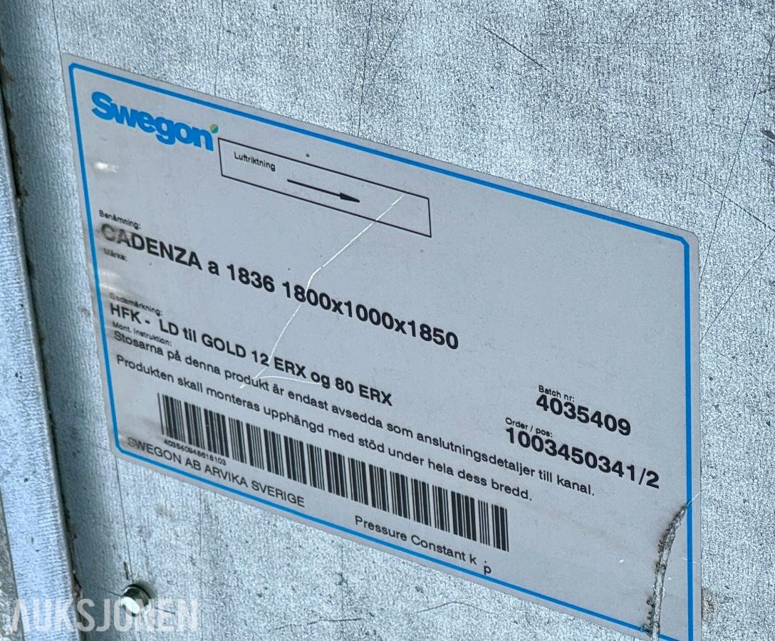 Swegon Cadenza Z 1826 – Inntak til ventilasjonsanlegg