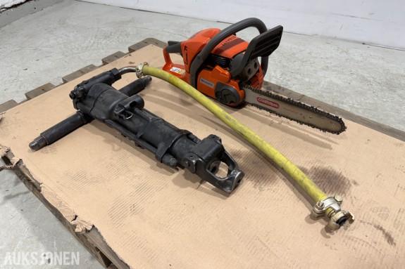 2015 Husqvarna 445 11 motorsag + pneumatisk bergbor/luftdrevet slagbor