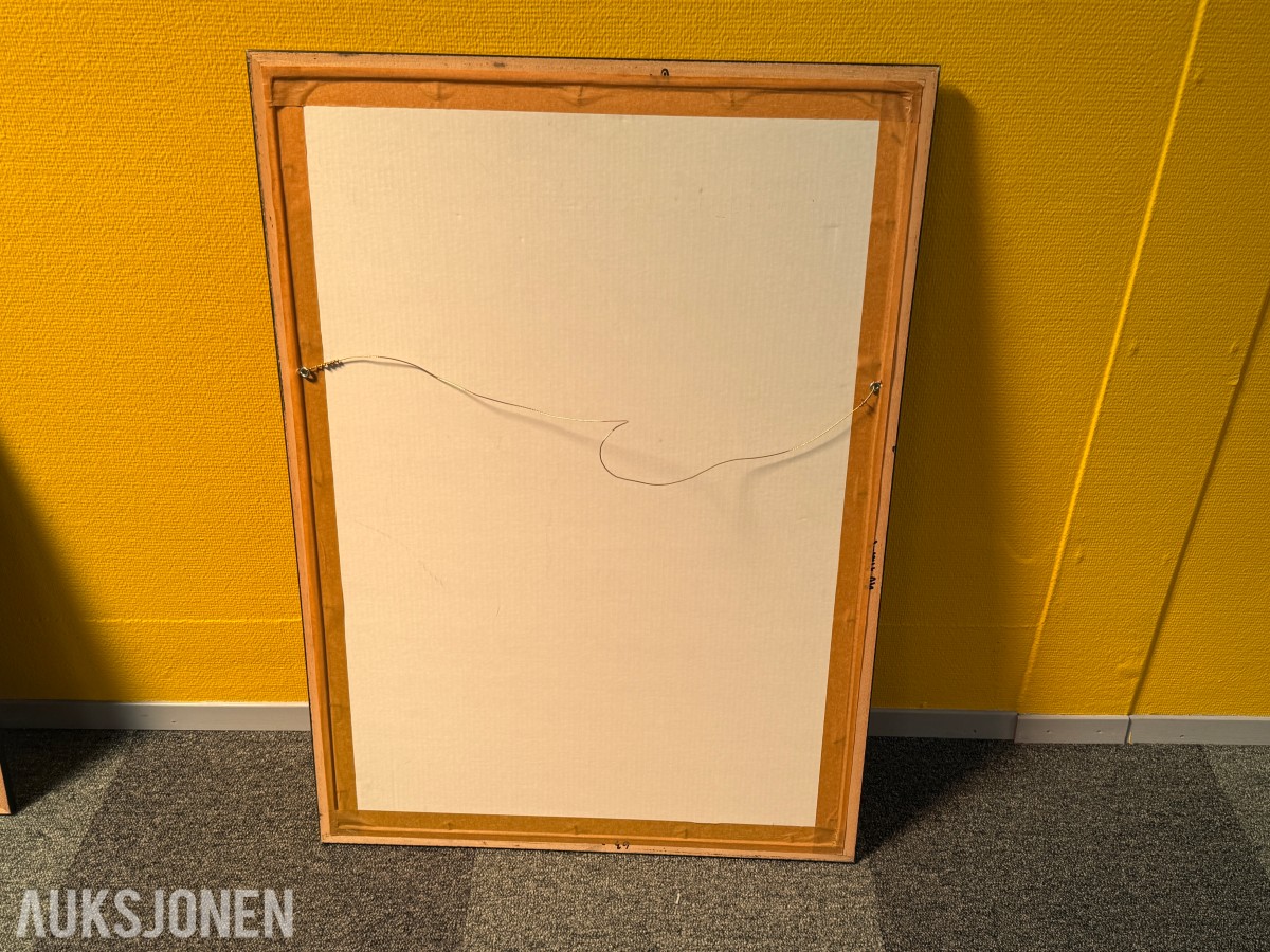 2 innrammede abstrakte kunsttrykk med sort ramme