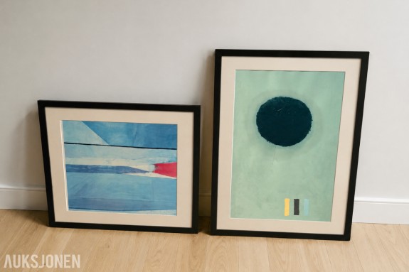 2 innrammede abstrakte kunsttrykk med sort ramme