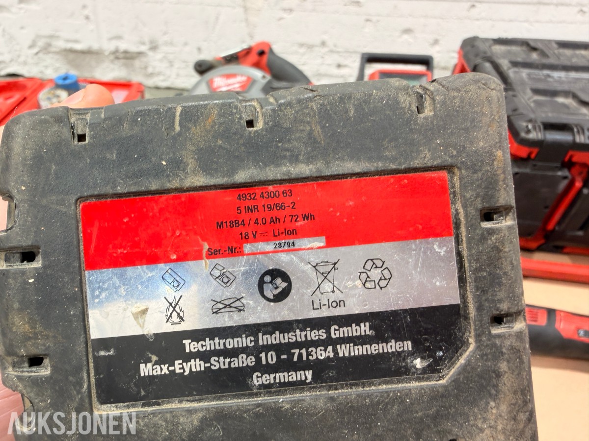 Milwaukee M18/M12 elektroverktøy, batterier, lader og tilbehør