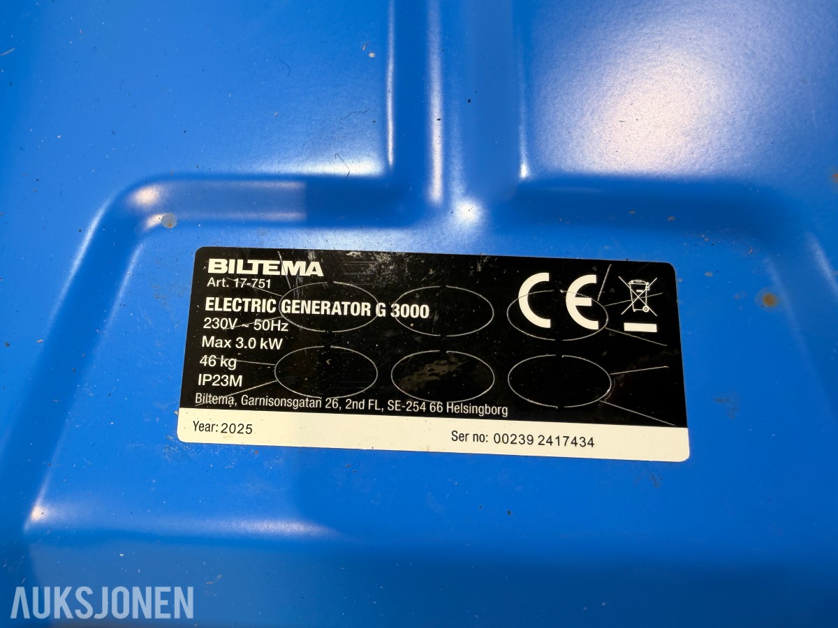 2025 Biltema strømaggregat G3000 3,0 kW – 230 V bensindrevet aggregat