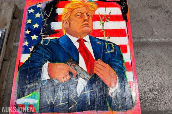 Originalt kunstverk på trepanel – signert – motiv av Donald Trump