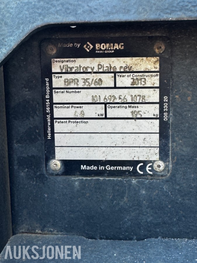 2013 Bomag BPR 35/60 reverserbar vibroplate med Honda GX160 bensinmotor – 2013 modell