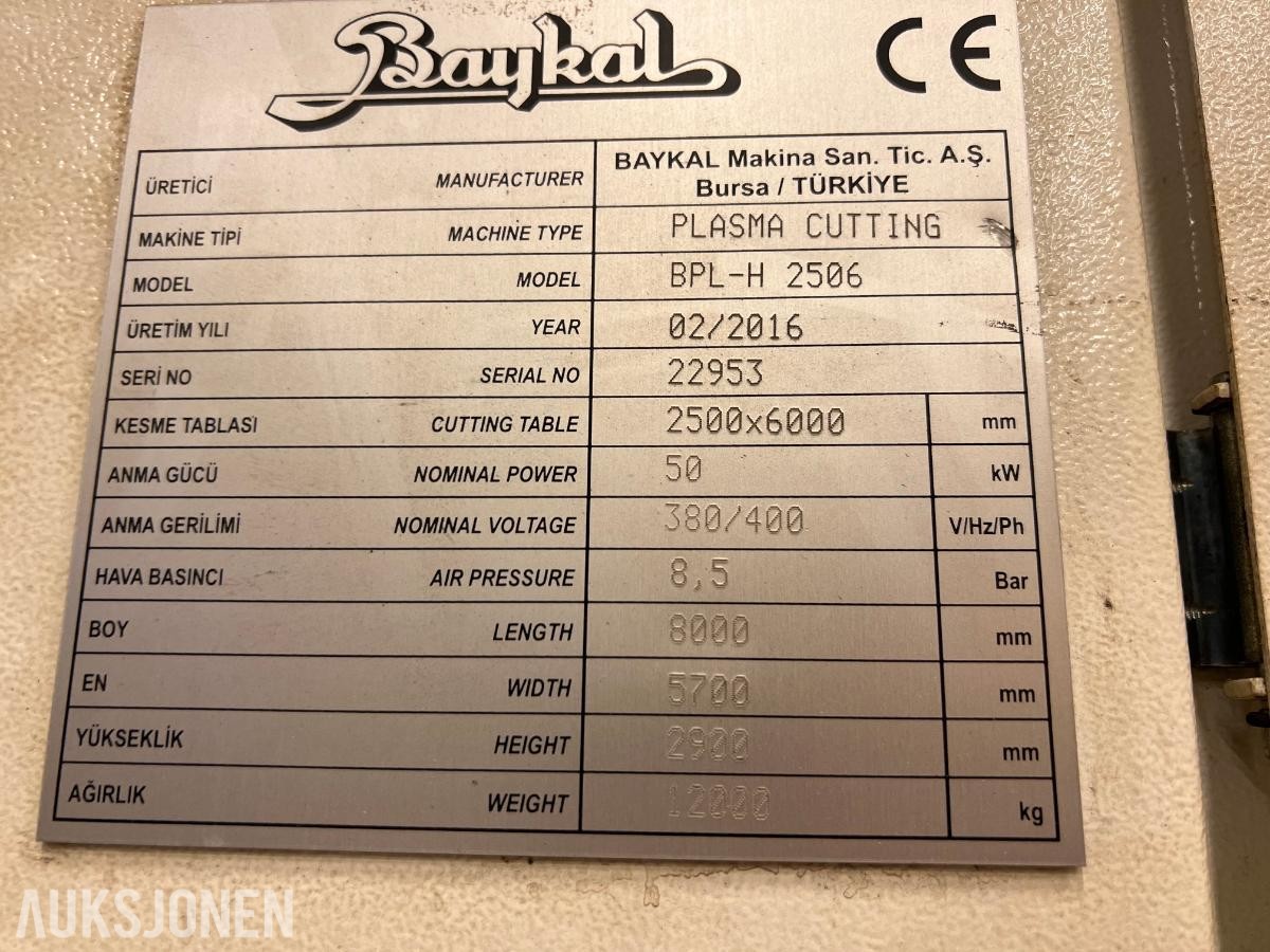 2016 Baykal BPL-H 2506 plasma med 2500mmx6000mm skjærebord
