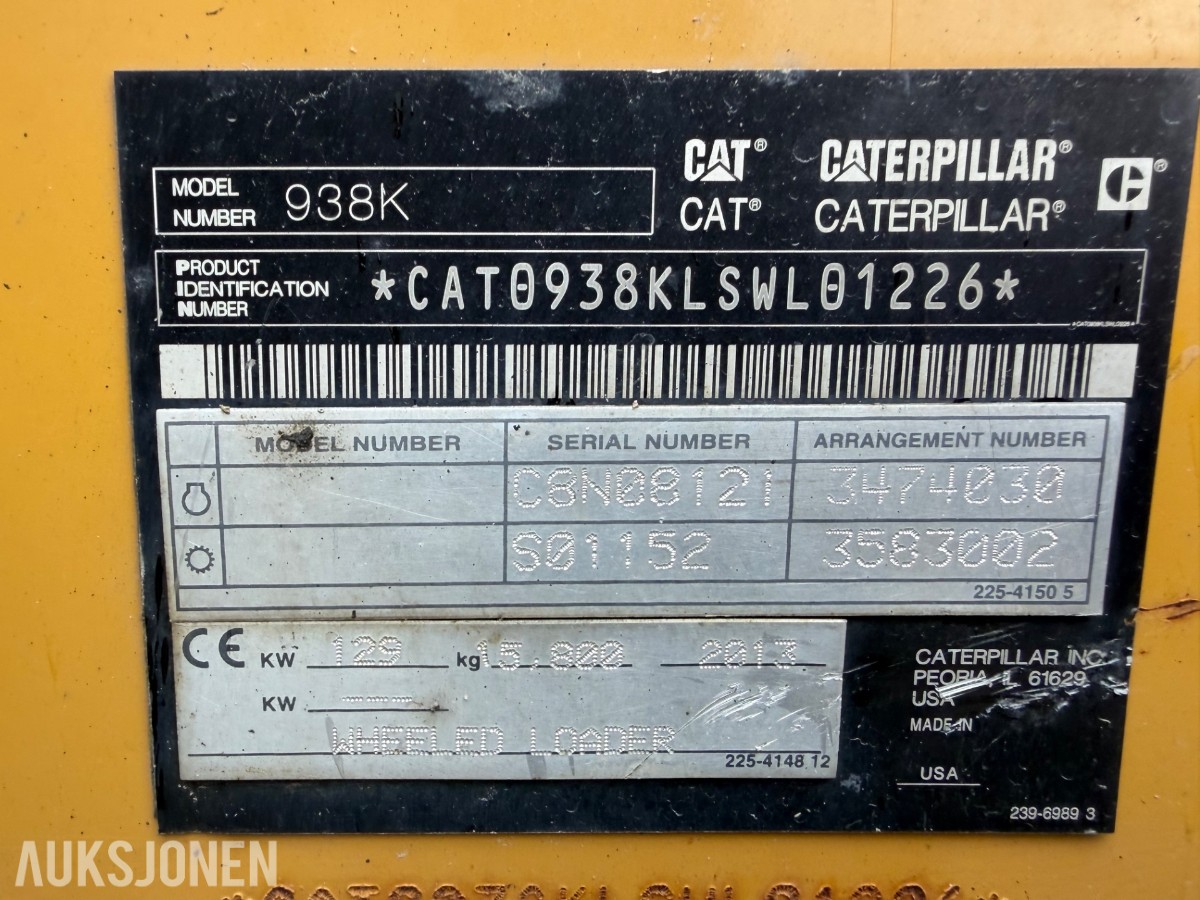 2013 Cat 938K Hjullaster. nylig sertifisert. Vekt i skuffe