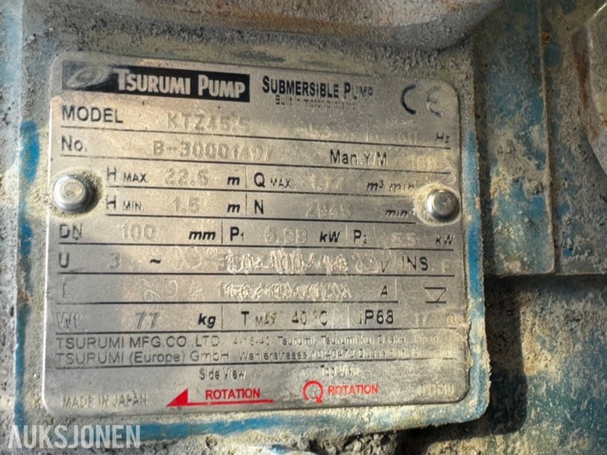 Tsurumi KTZ45.5 nedsenkbar dreneringspumpe 5,5 kW