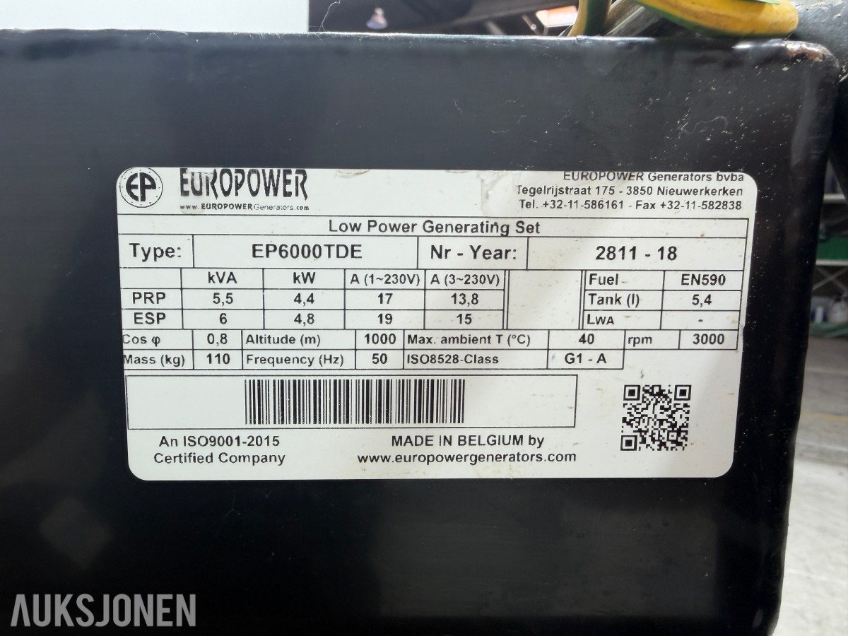 2018 Europower EP6000TDE dieselaggregat 6 kVA 3-fase 230 V