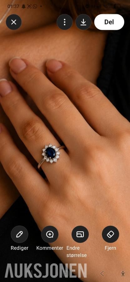 18K gullanheng m/ 12 diamanter + 585 gullring – blå edelsteiner