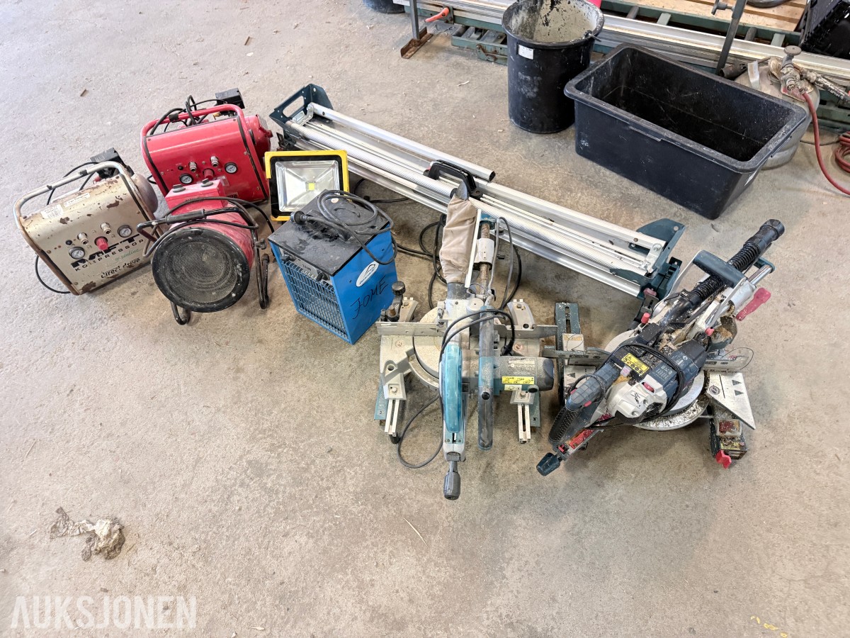 Diverse verktøy og byggutstyr – Bosch, Makita, varmevifter, kompressor m.m.