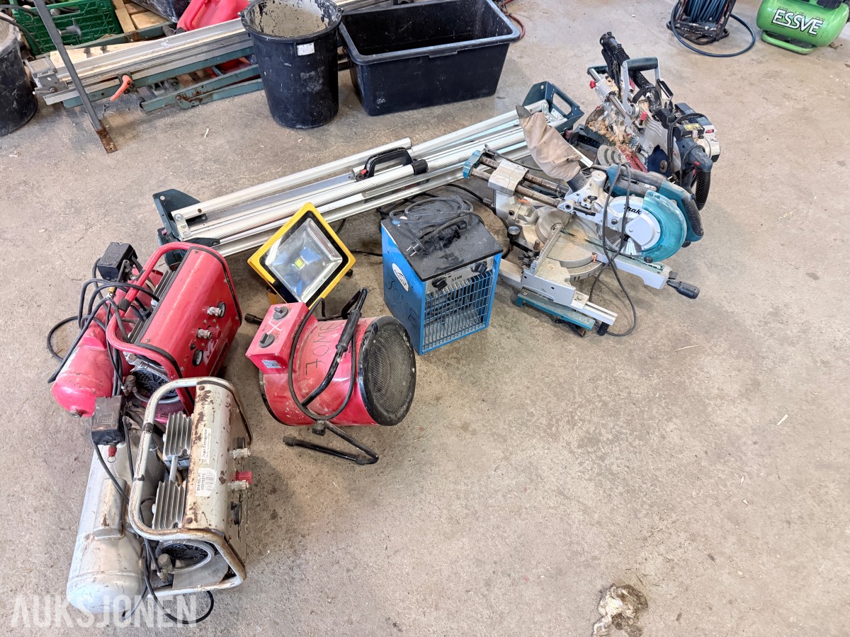 Diverse verktøy og byggutstyr – Bosch, Makita, varmevifter, kompressor m.m.