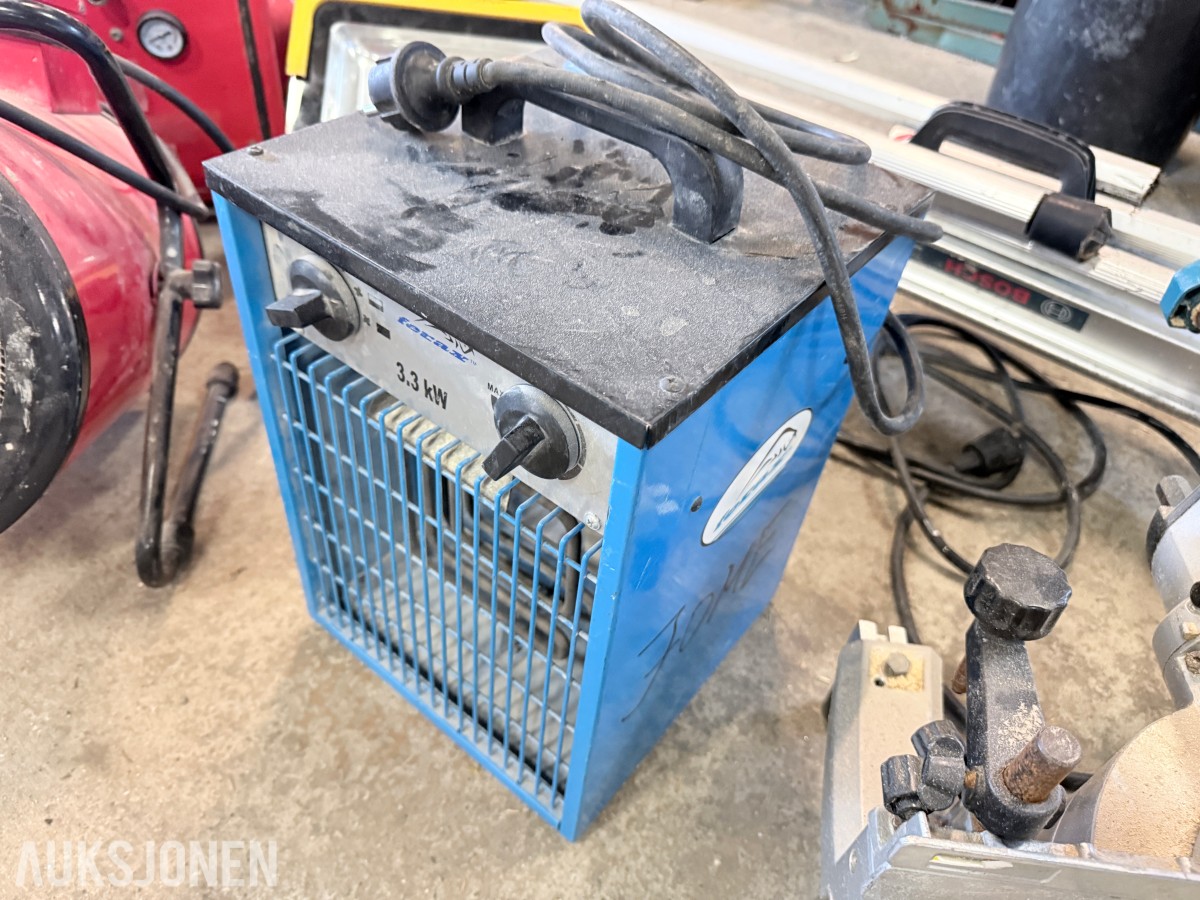 Diverse verktøy og byggutstyr – Bosch, Makita, varmevifter, kompressor m.m.