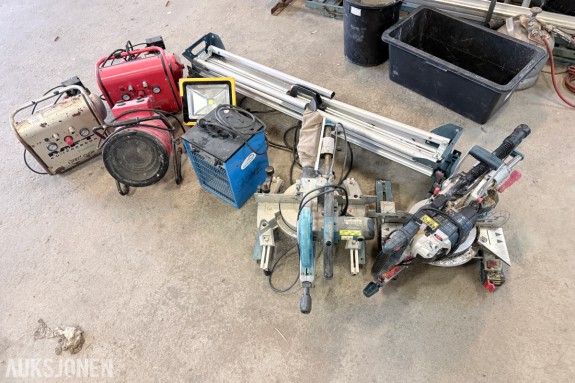 Diverse verktøy og byggutstyr – Bosch, Makita, varmevifter, kompressor m.m.