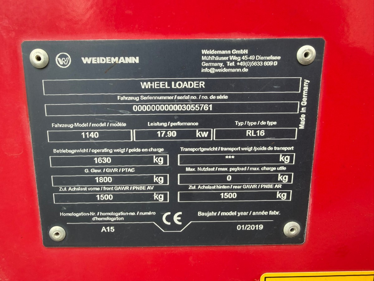 2019 Weidemann 1140 Kompaktlaster med skuffe, pallegafler og asfaltskuffe