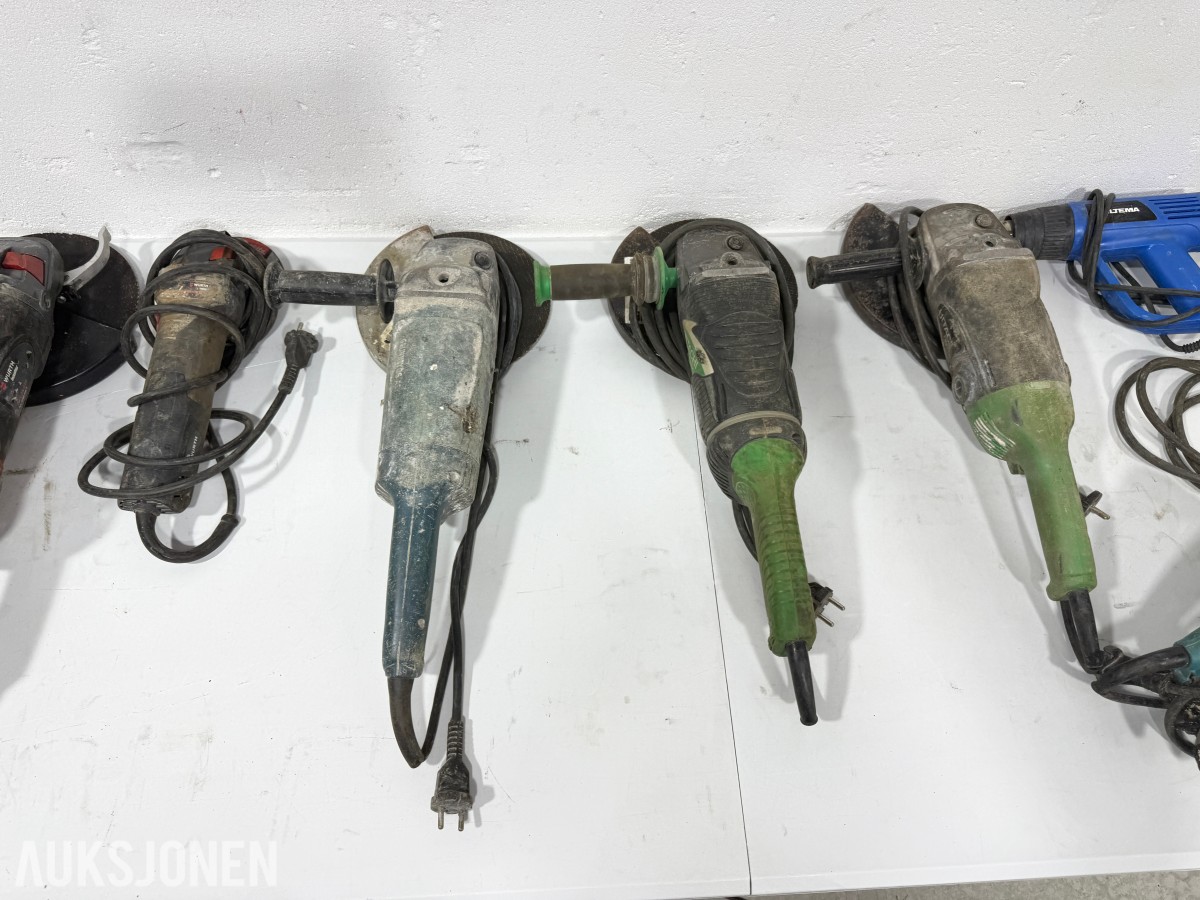 9 stk elektriske verktøy – Würth, Hitachi, Makita, Biltema og Edilgrappa