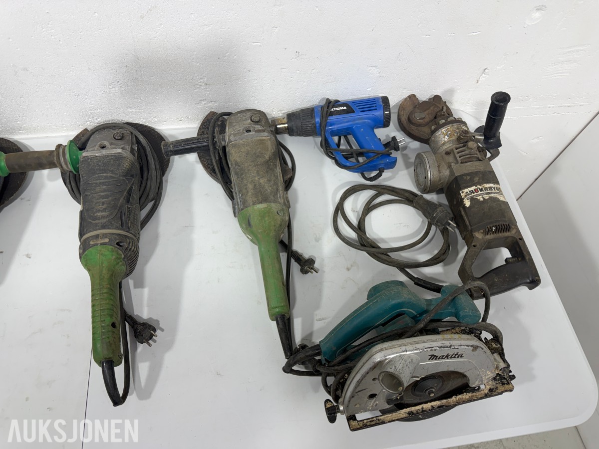 9 stk elektriske verktøy – Würth, Hitachi, Makita, Biltema og Edilgrappa