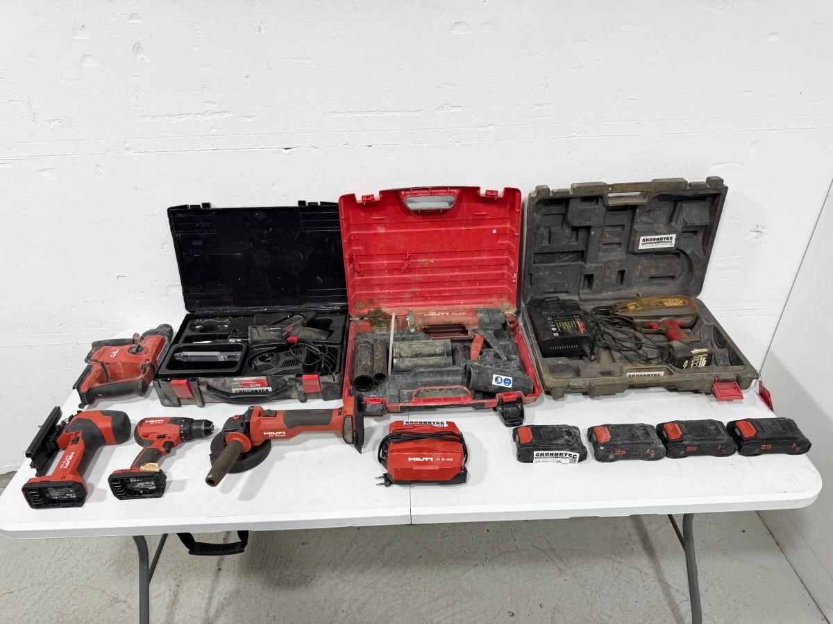 Hilti og Würth batteriverktøy – borhammer, stikksag, drill, vinkelsliper, fugepistol