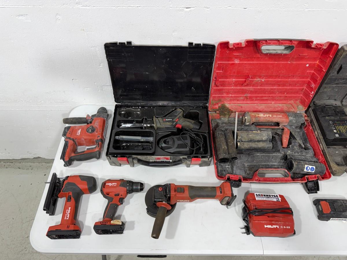 Hilti og Würth batteriverktøy – borhammer, stikksag, drill, vinkelsliper, fugepistol