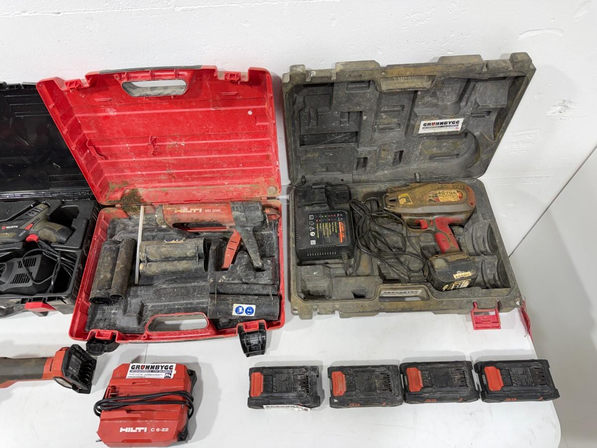 Hilti og Würth batteriverktøy – borhammer, stikksag, drill, vinkelsliper, fugepistol