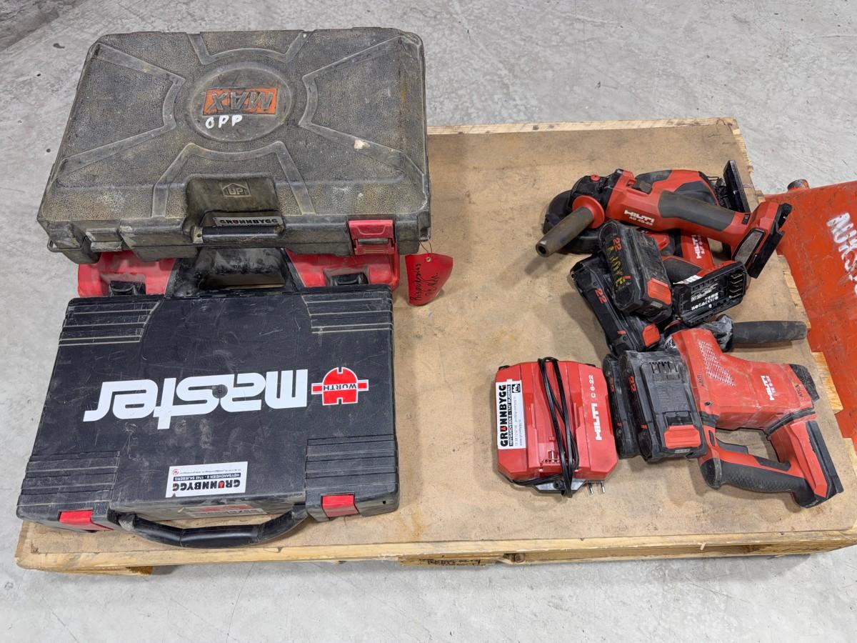 Hilti og Würth batteriverktøy – borhammer, stikksag, drill, vinkelsliper, fugepistol