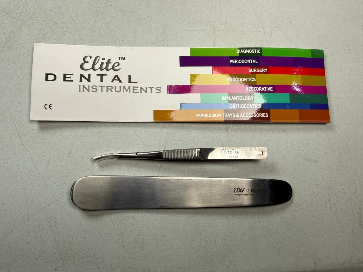 7 stk MedixDent kirurgiske dentalinstrumenter - sakser, tungespatler og skalpellhåndtak