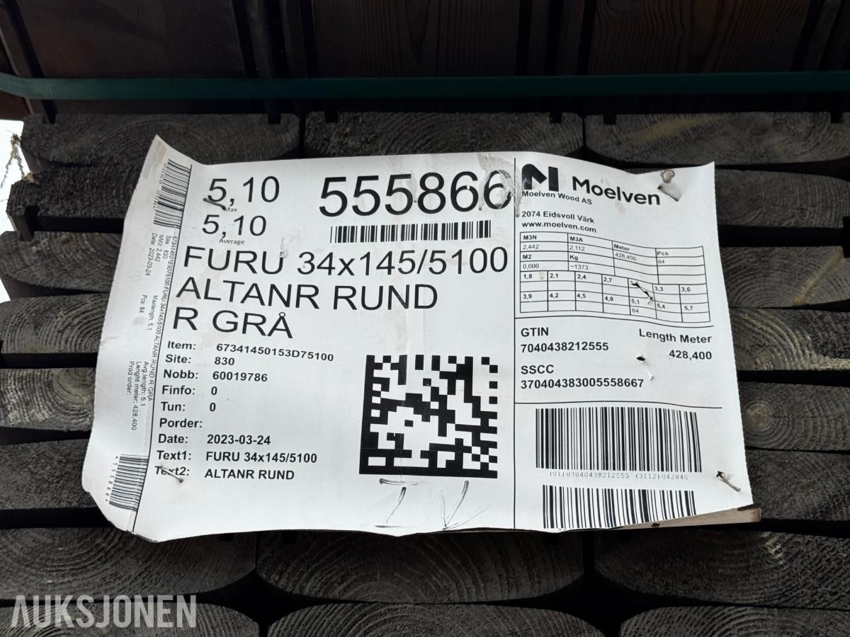Altanrekke grå rund impregnert 34x145/5100 mm 428 meter