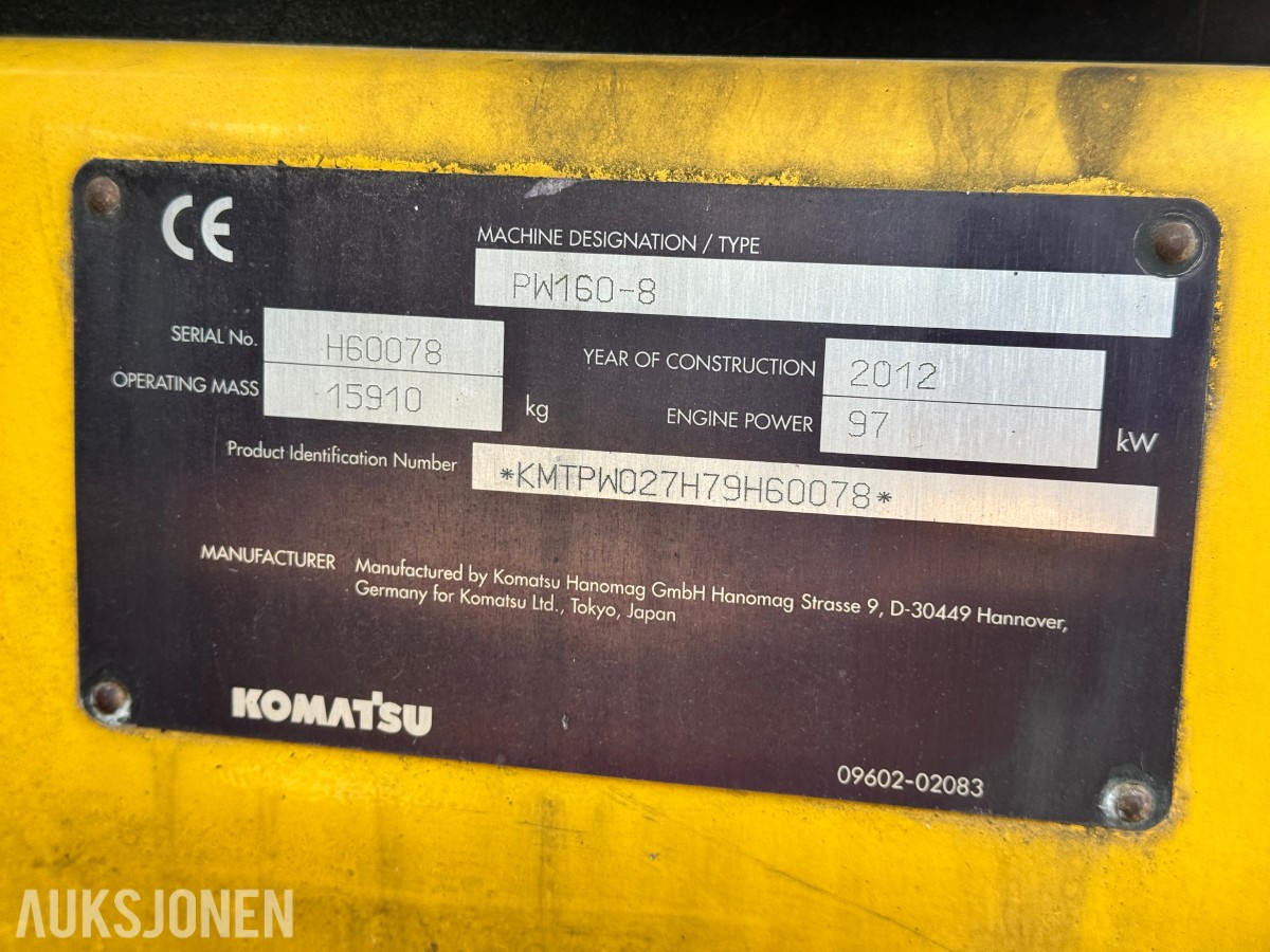 2012 Komatsu PW160-8 hjulgraver – brannskadet reparasjonsobjekt