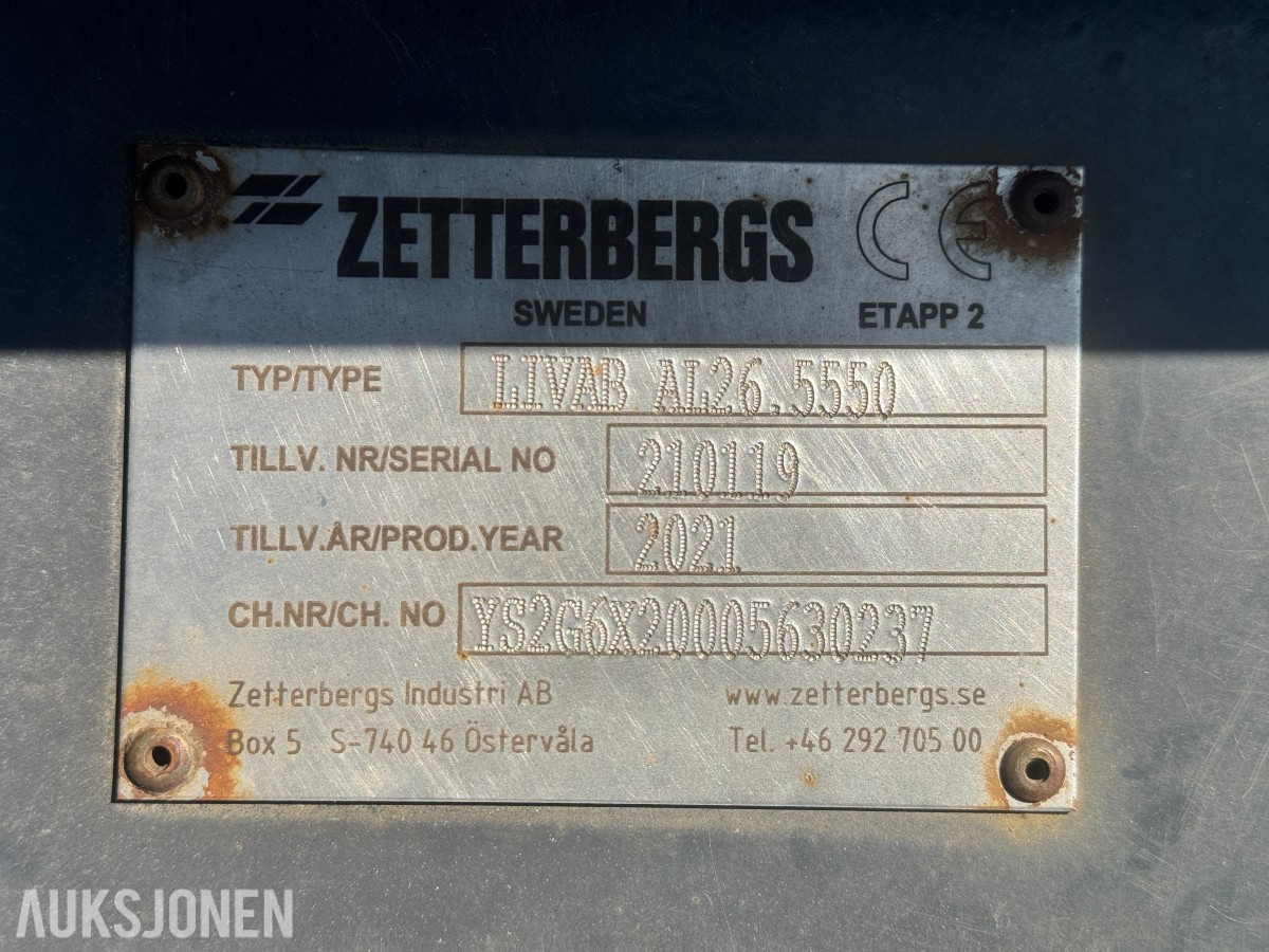 2021 Zetterbergs LIVAB AL26.5550 krokløft - CE-merking - hydraulikkanlegg med ventilblokk og elektrisk koblingsboks - hjelperamme, teleskopdel og bakre rullebukk