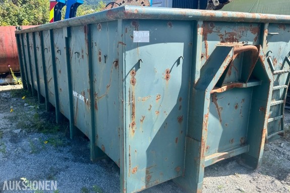 Krokcontainer åpen - lengde 5,92 m - bredde 2,37 m - høyde 1,55 m - stige og krokfeste - stål