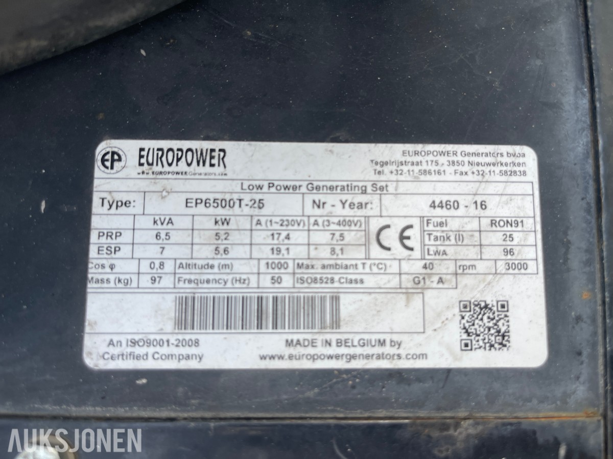 Europower EP6500T-25 strømaggregat 6,5 kVA