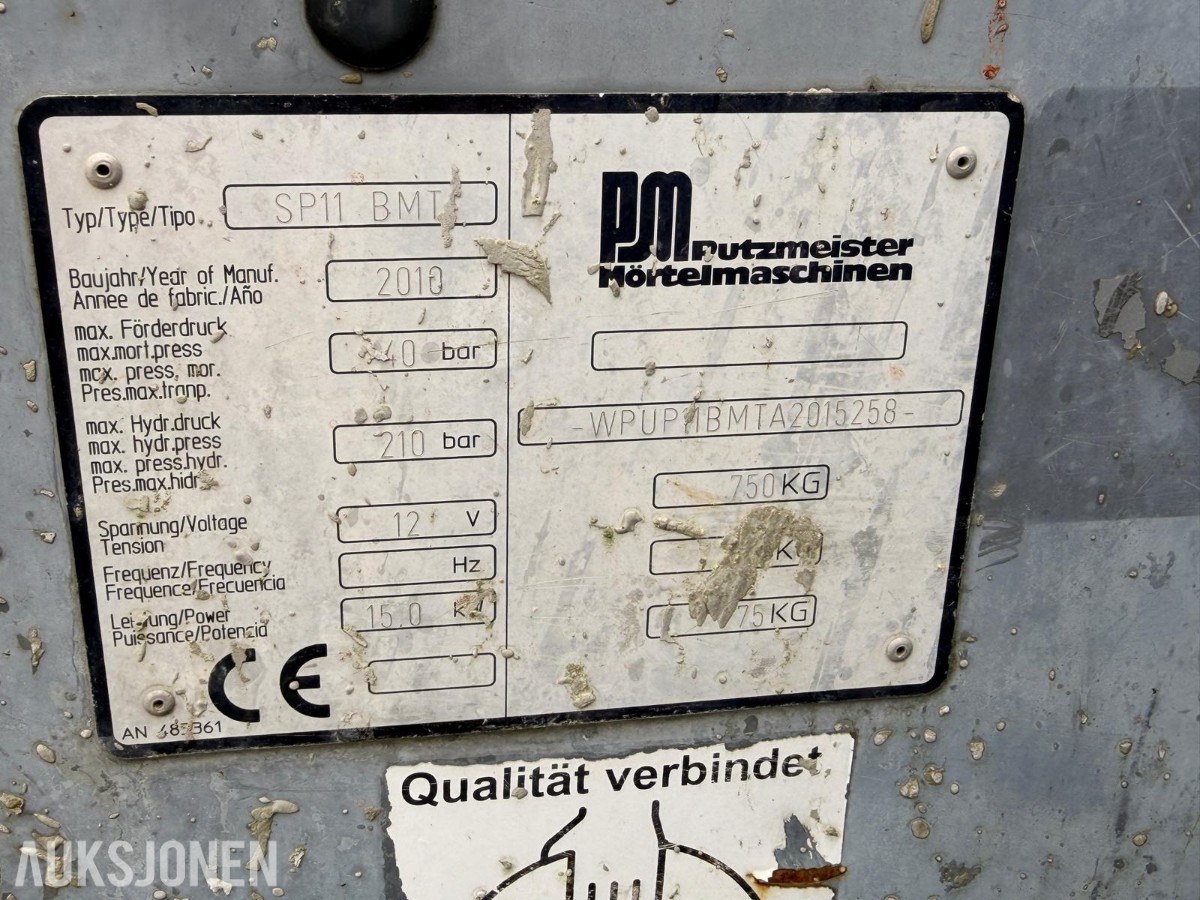 2010 Putzmeister SP11 BMT mørtelpumpe – 751 timer Repobjekt