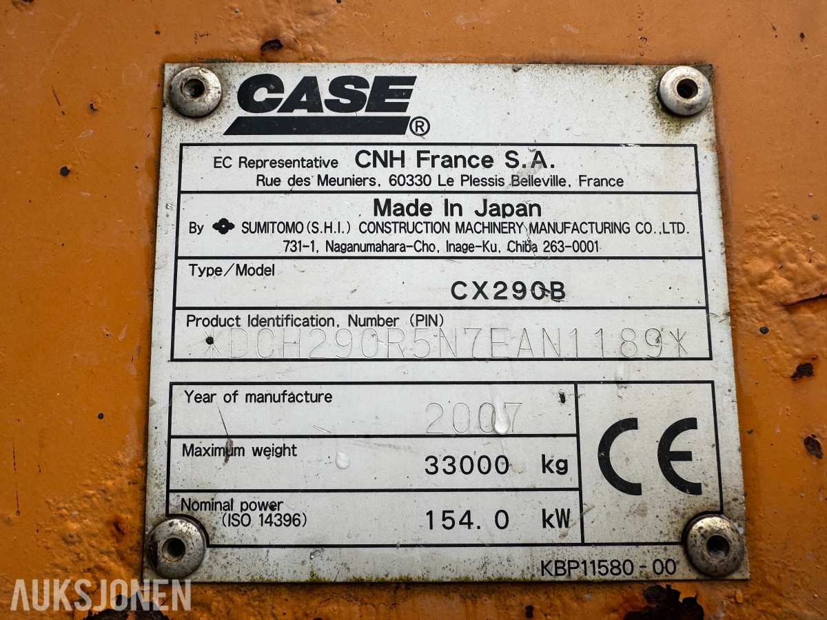 2007 Case CX290B gravemaskin - Graveskuffe - Tilleggshydraulikk