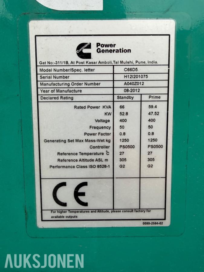 2012 Cummins C66D5 dieselaggregat – 66 kVA , 73 timer