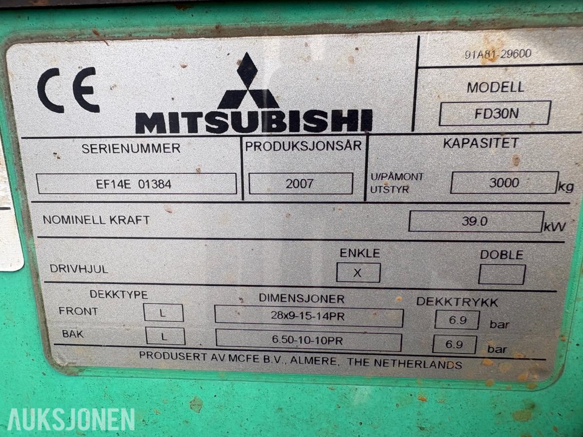 2007 Mitsubishi FD30N Gaffel truck 3055 timer